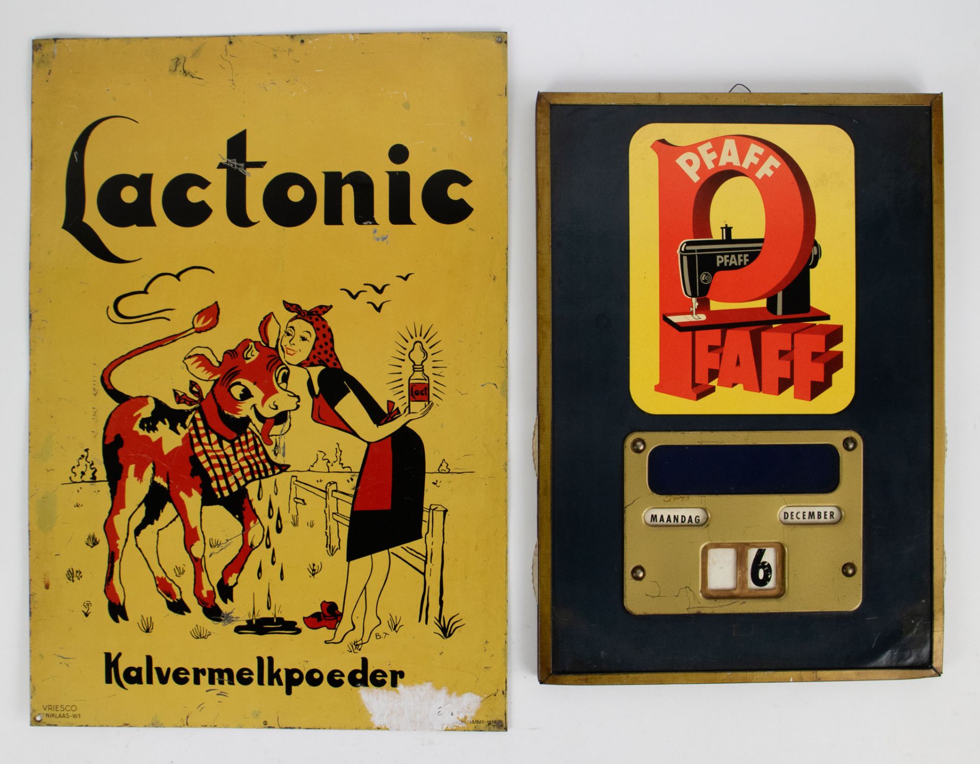 Cardboard kalender PFAFF and metal Lactonic 1958