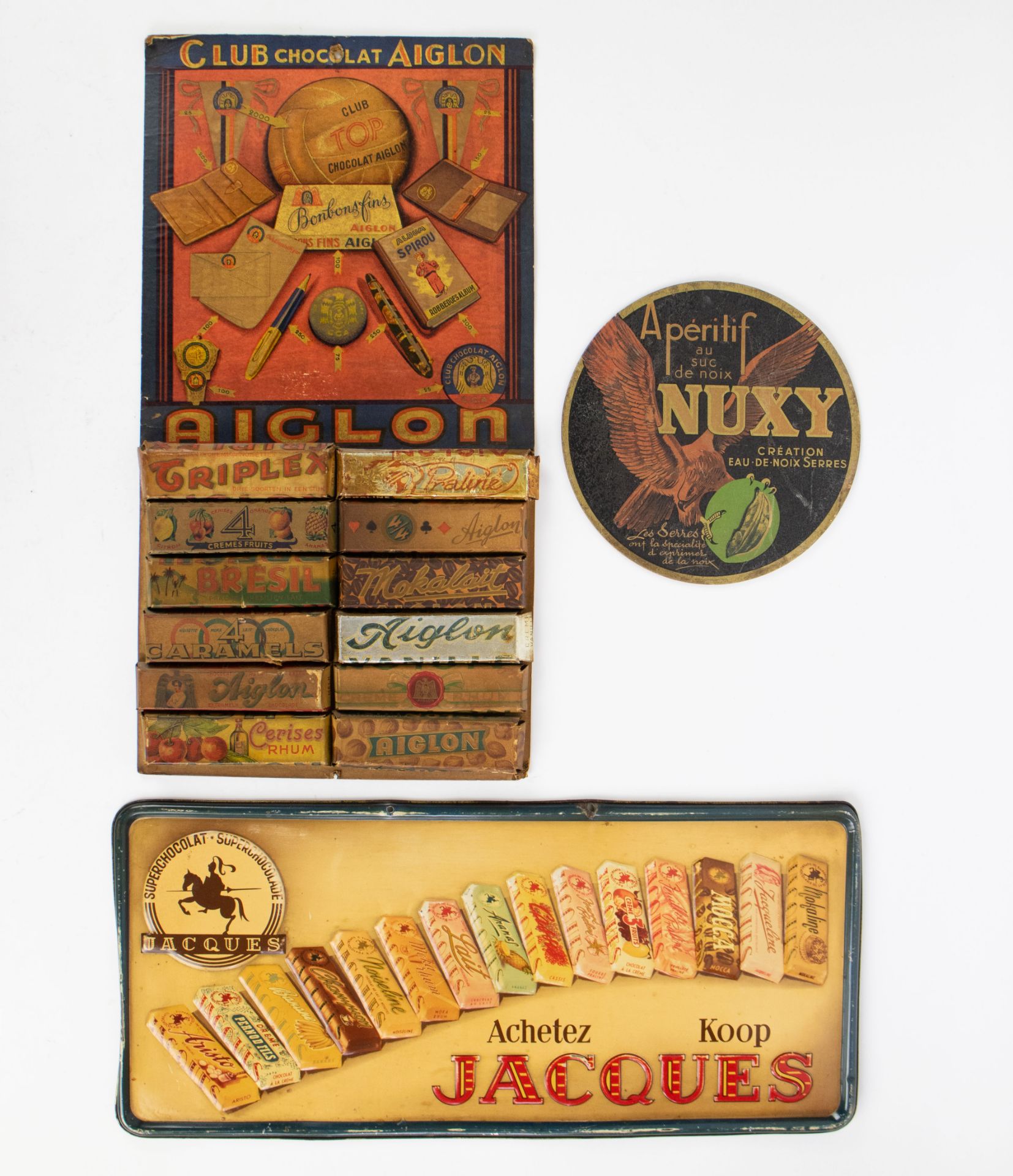 Metal chocolade Jacques, cardboard Aiglon and Apéritif NUXY