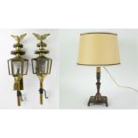 2 carriage lanterns and a 17thC candle stick transformed into a lamp