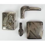 Silver cigarette boxes and 2 handles of a walking stick
