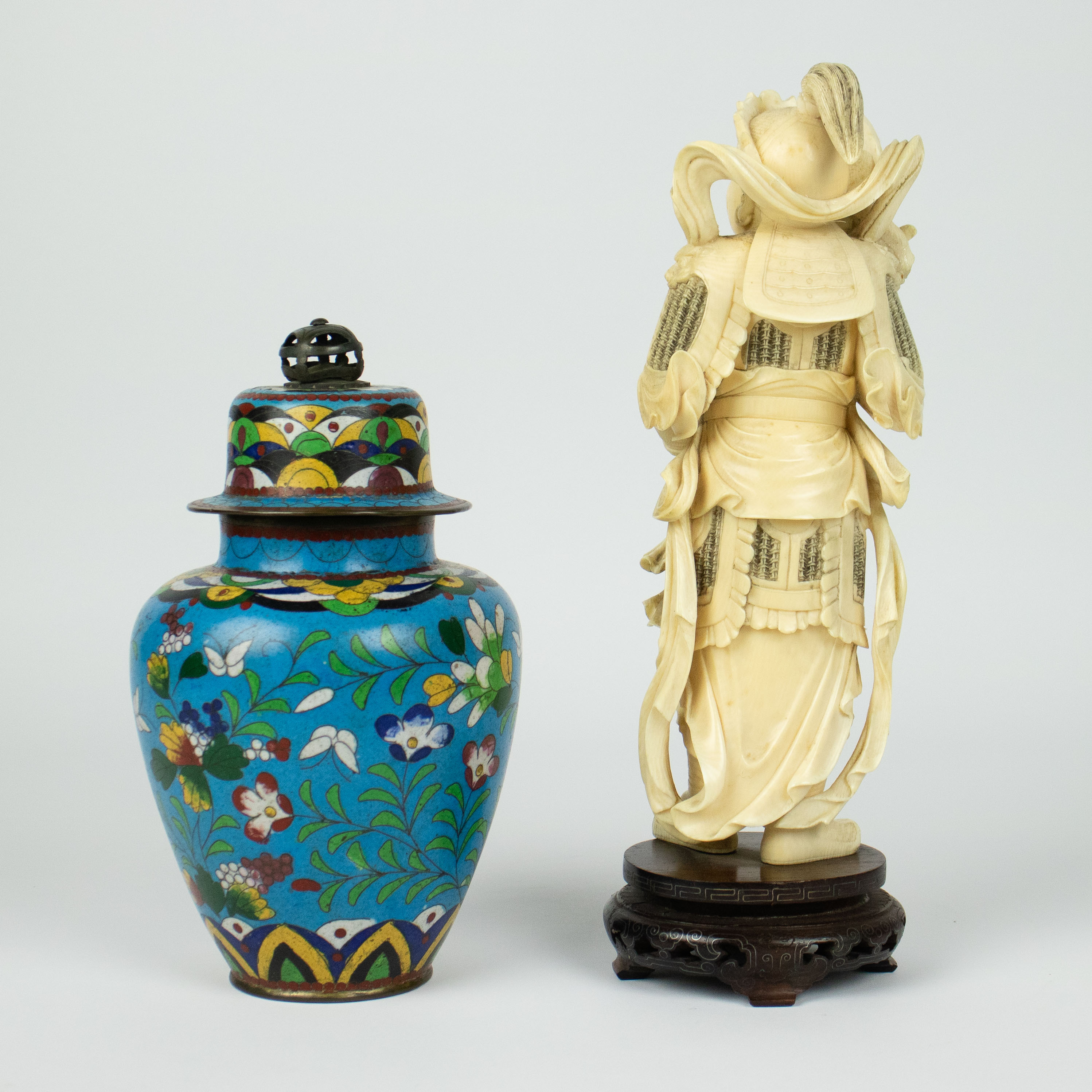 Ivory figure possibly depicting Ehr Lang Shen + cloisonné lidded vase - Image 3 of 6