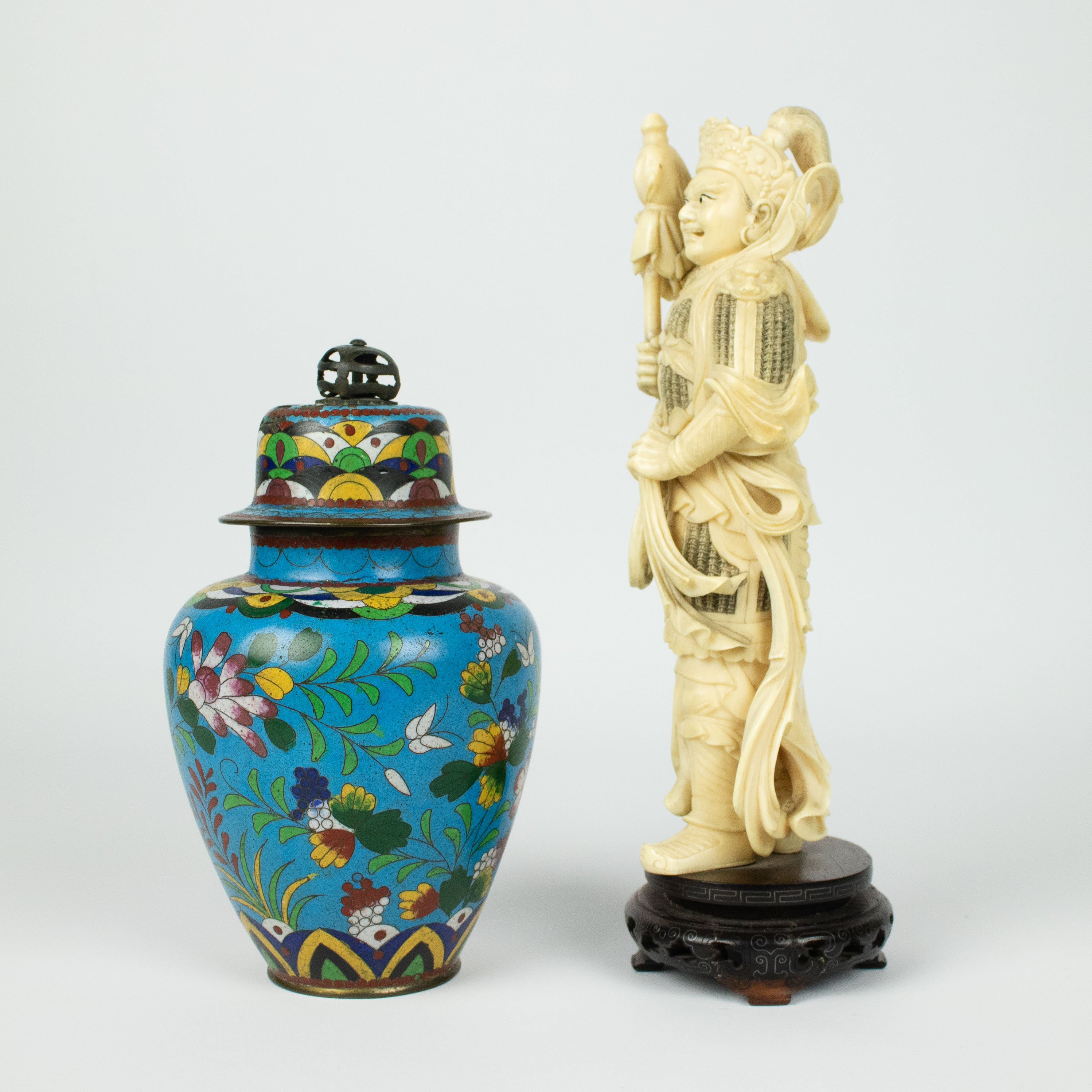 Ivory figure possibly depicting Ehr Lang Shen + cloisonné lidded vase - Image 2 of 6