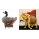 Indian polychrome woodcarving of a duck and elephant
