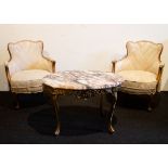 Louis XVI style lounge table with marble top and 2 crapaud seats