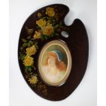 Hand-painted painter's palette with rose decor and incorporated pastel of a lady