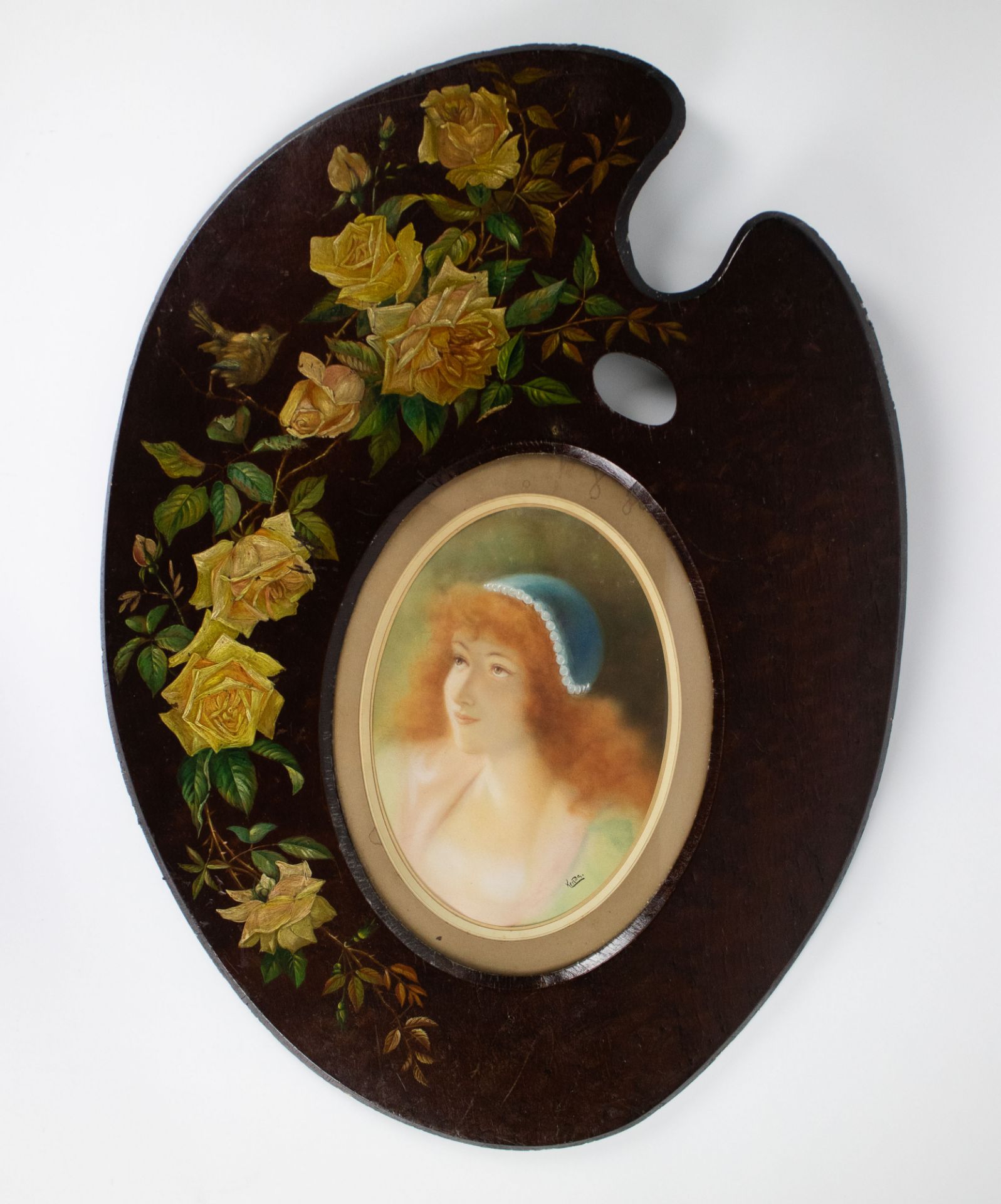 Hand-painted painter's palette with rose decor and incorporated pastel of a lady