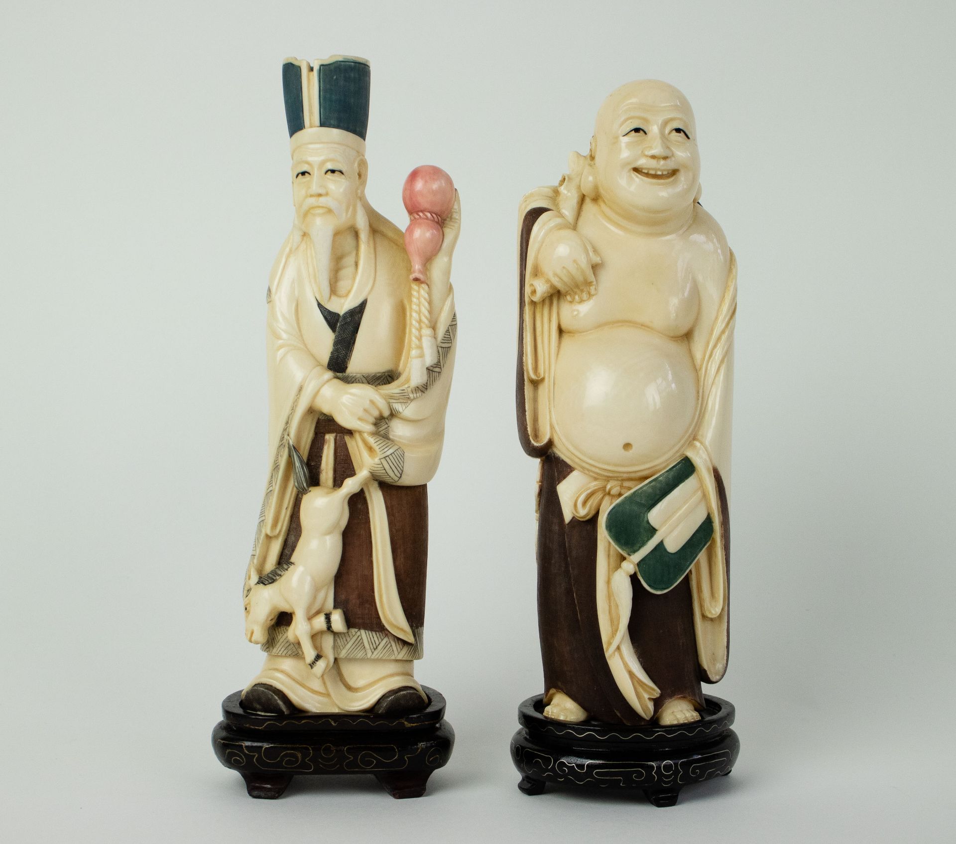 Jurojin and Hotei, two of the seven lucky Gods, ivory Japan, circa 1920