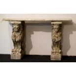 Garden bench in white stone with sitting lions as legs