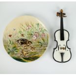 Plate in barbotine (Austria) decor fauna and flora and ceramic violin