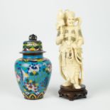 Ivory figure possibly depicting Ehr Lang Shen + cloisonné lidded vase