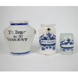 2 Delft apothecary jars and a French tobacco jar