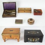 A collection of wooden boxes, 2 jewel boxes and an antique compass box.