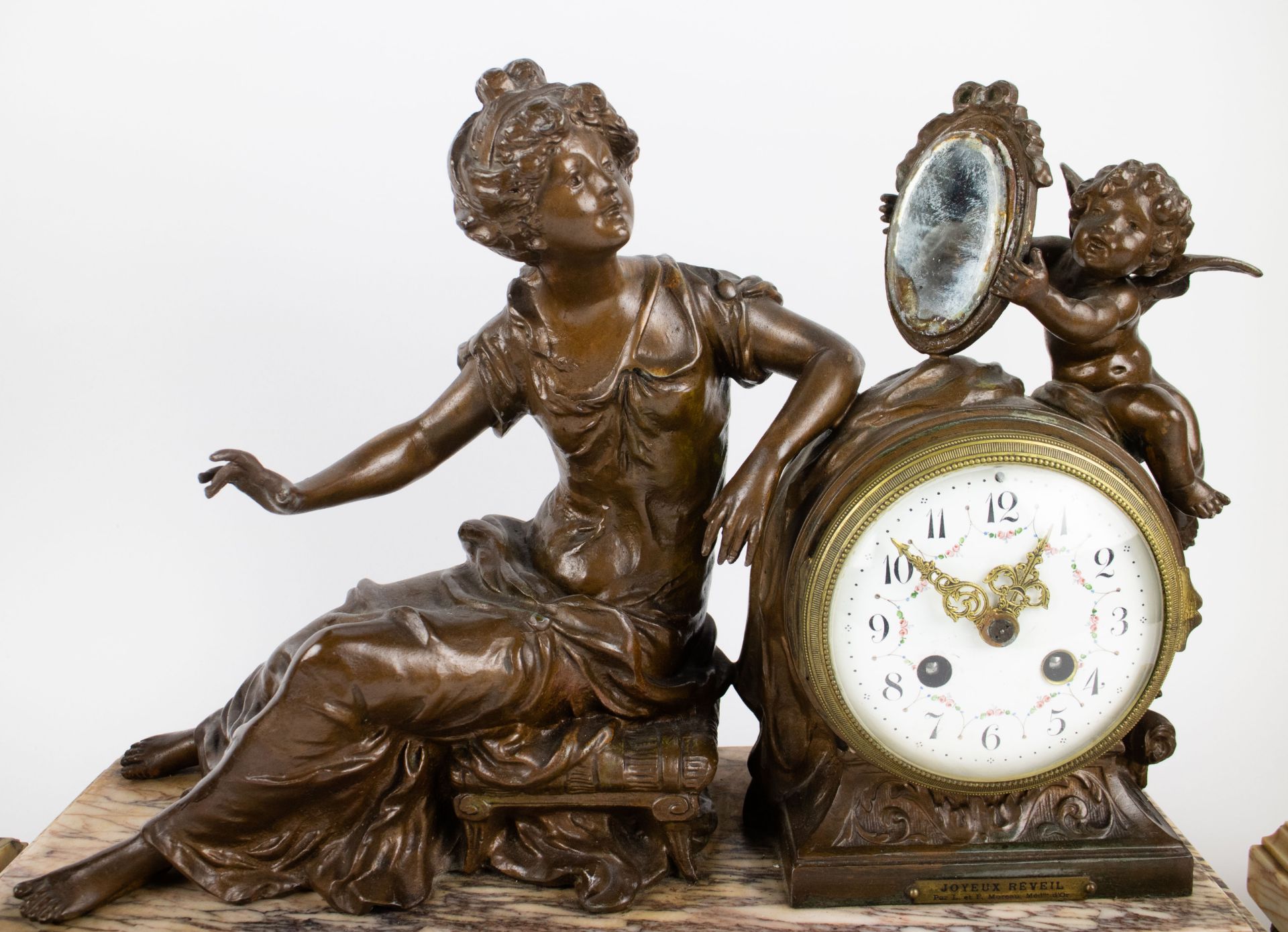 3 piece clock in art bronze on marble base - Image 2 of 3