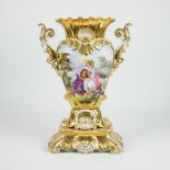 Vieux Bruxelles porcelain gilded vase with romantic decor 19th century