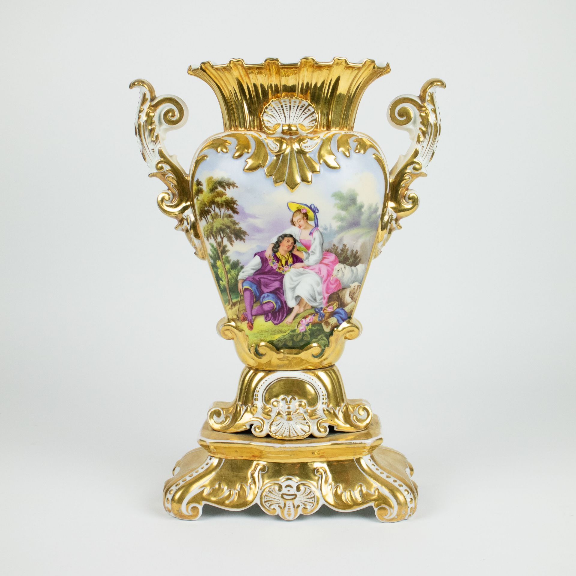 Vieux Bruxelles porcelain gilded vase with romantic decor 19th century
