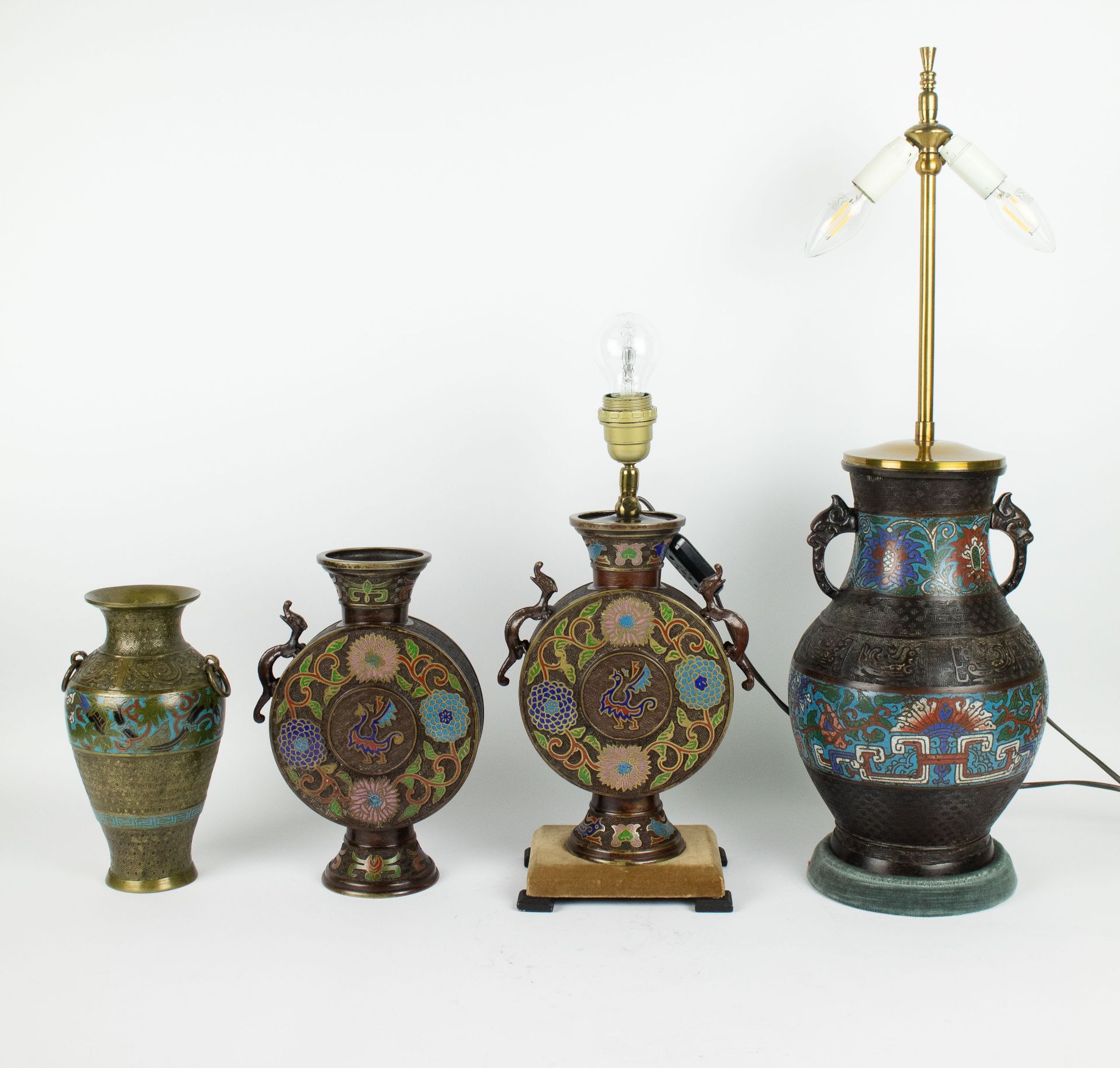 2 Japanese champlevé lamps and 2 vases