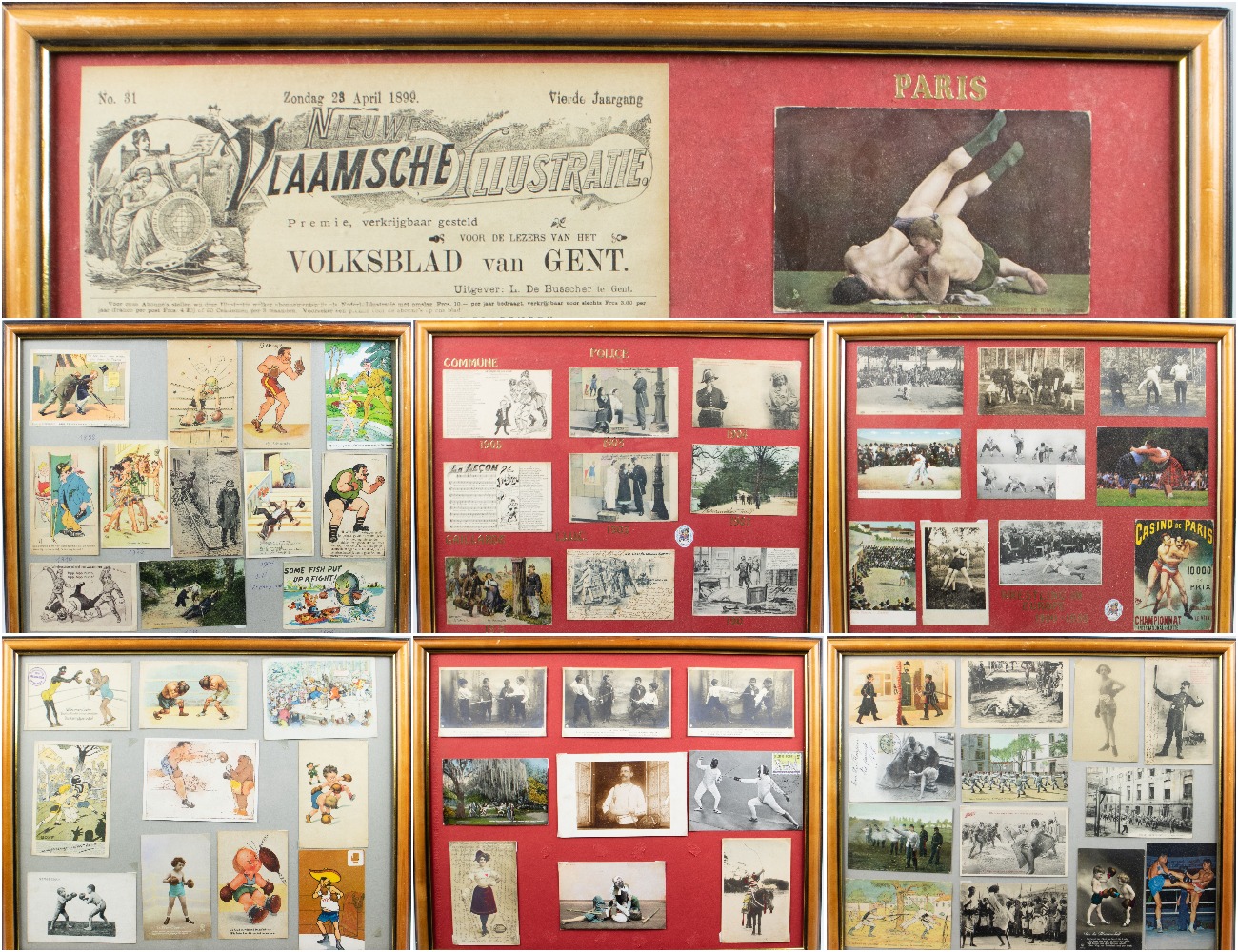 A collection of frames with old postcards and fantasy cards, early 20th century