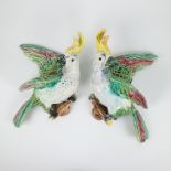 2 large cockatoos in majolica glazed earthenware with glass eyes