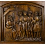 Wooden bas relief Medieval scene King with soldiers