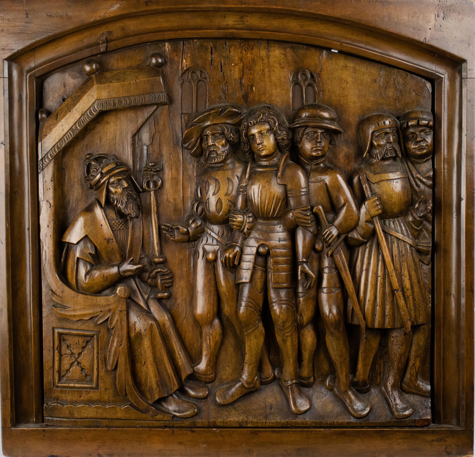 Wooden bas relief Medieval scene King with soldiers