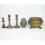 A collection of 3 candlesticks, the couple dated 1852, copper jardinière and tin Art Deco vase