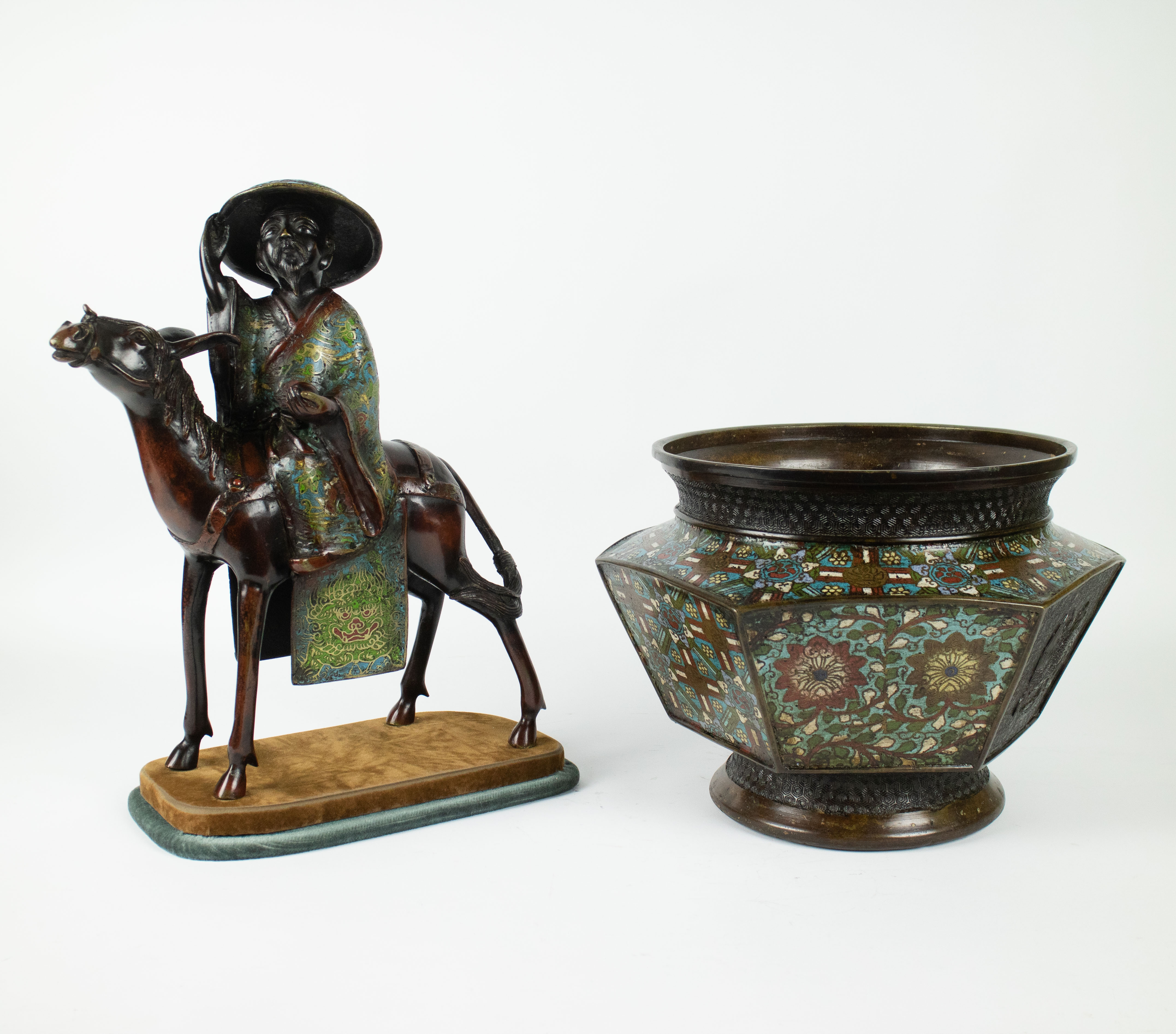 A Japanese champlevé cachepot and horse rider