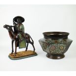 A Japanese champlevé cachepot and horse rider