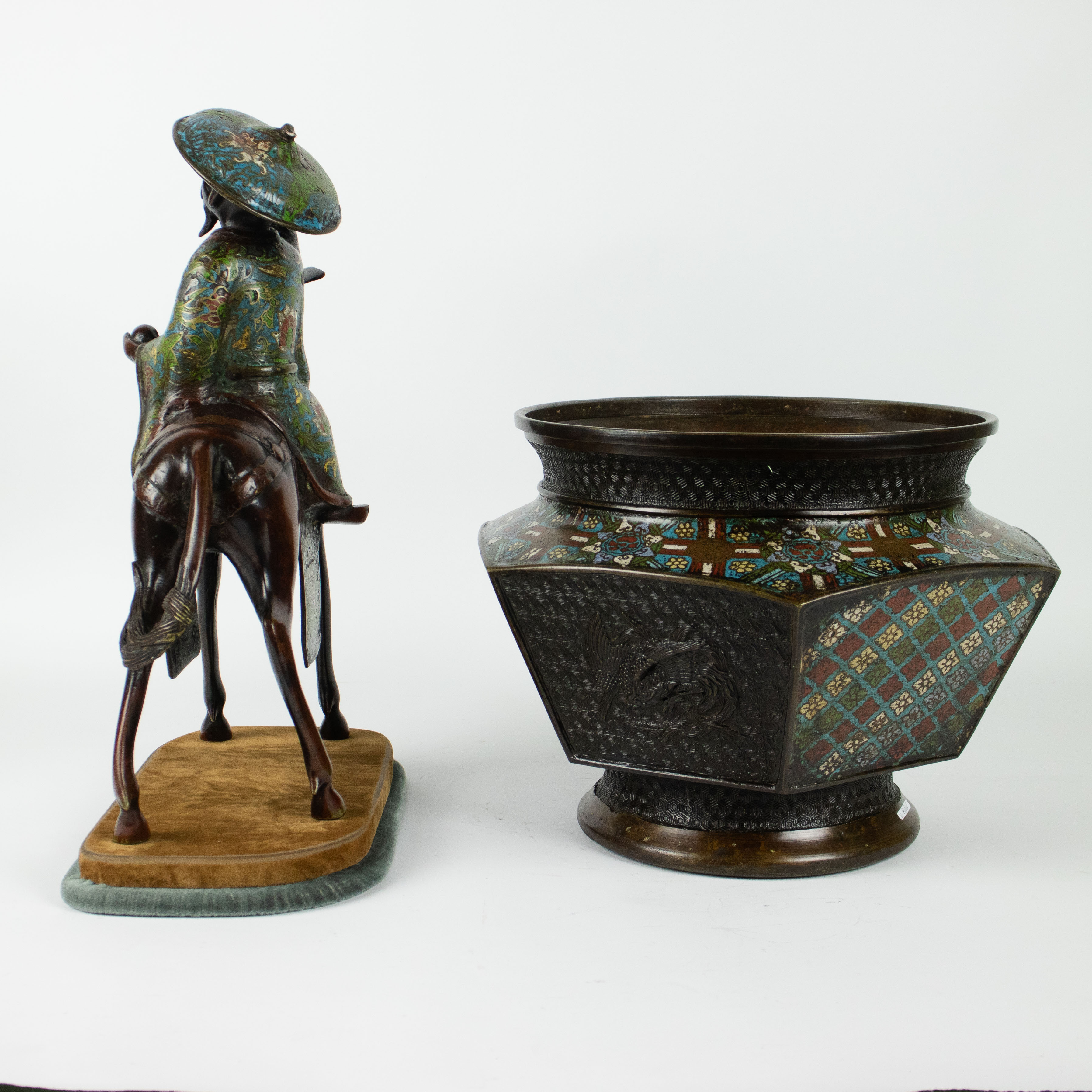 A Japanese champlevé cachepot and horse rider - Image 2 of 5