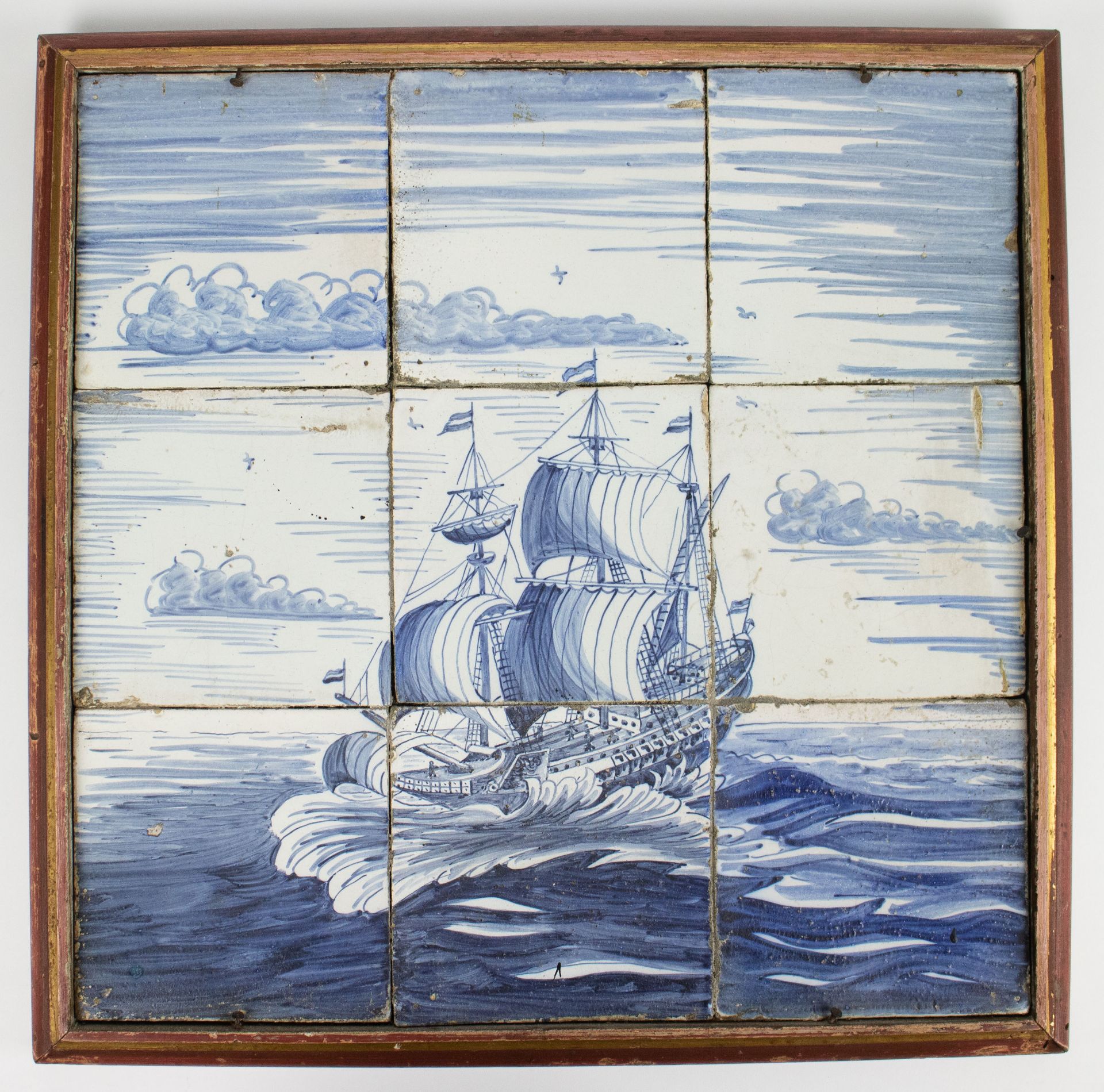 Delft tile tableau three-masted ship propably circa 1800