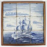 Delft tile tableau three-masted ship propably circa 1800