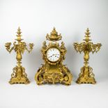 Fire-gilt mantel clock with 2 candlesticks, R. BOUVIER Bruxelles