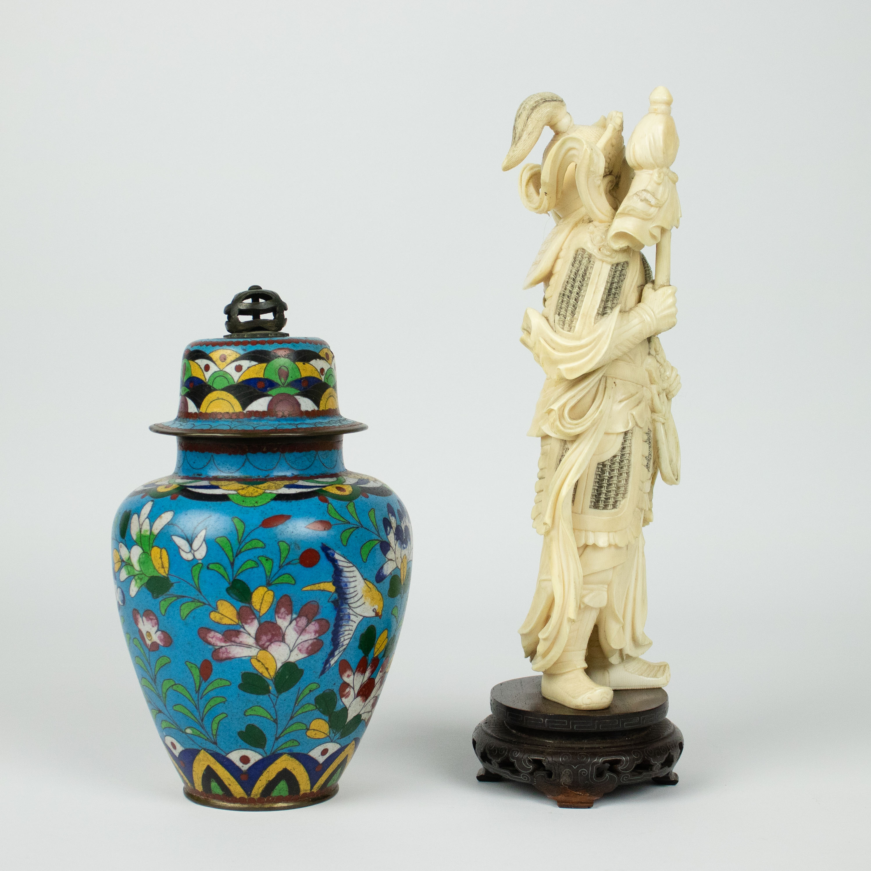 Ivory figure possibly depicting Ehr Lang Shen + cloisonné lidded vase - Image 4 of 6