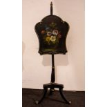 Hand-painted fireplace screen in ebonised wood with floral decor 19th century