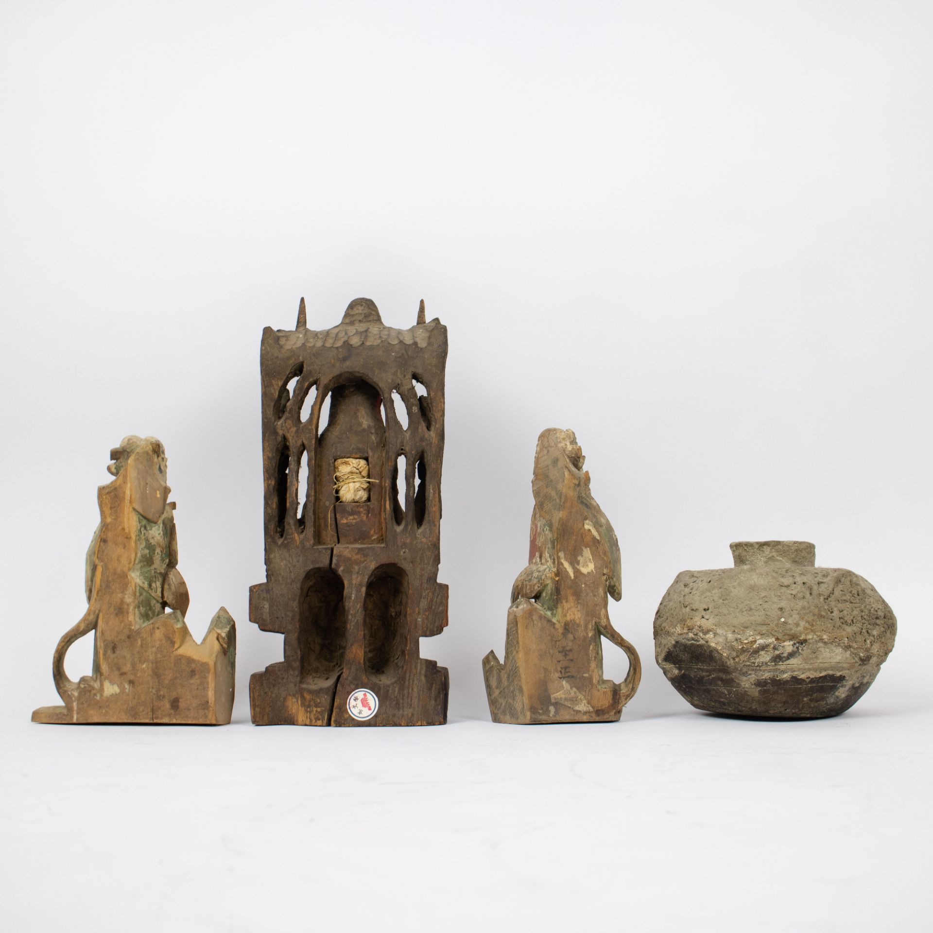 3 polychrome wood carving figurines and a stoneware vessel - Image 2 of 3