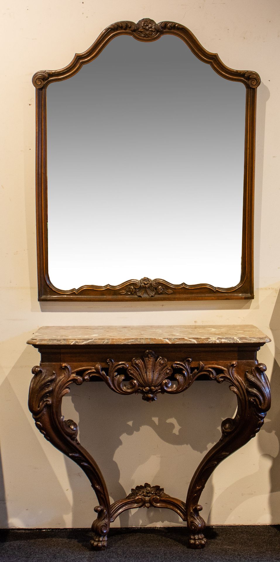 Oak console with marble top and mirror