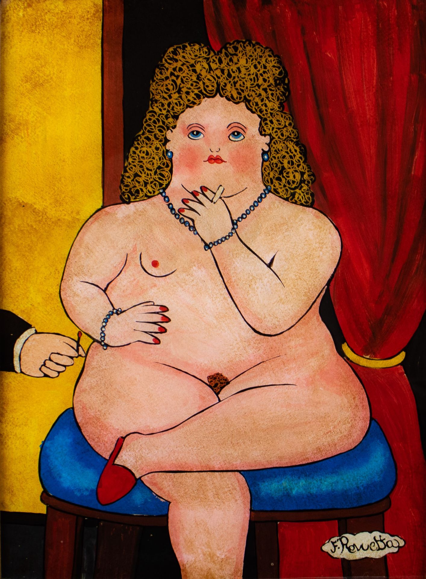 2 eglomisé paintings style Botero, signed F Revueltas - Image 6 of 7