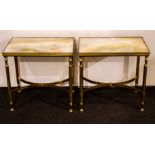 A pair of mid century bouts de canapé in filt brass with green onyx table tops