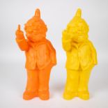 Two Ottmar Hörr middle finger gnomes in weatherproof plastic