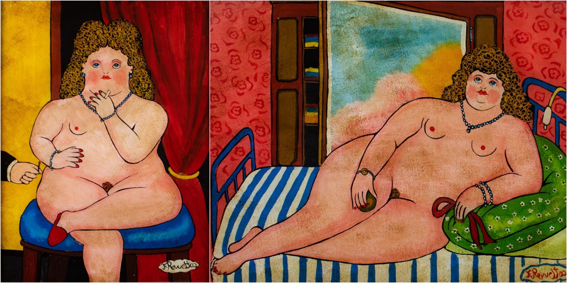 2 eglomisé paintings style Botero, signed F Revueltas