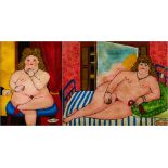 2 eglomisé paintings style Botero, signed F Revueltas