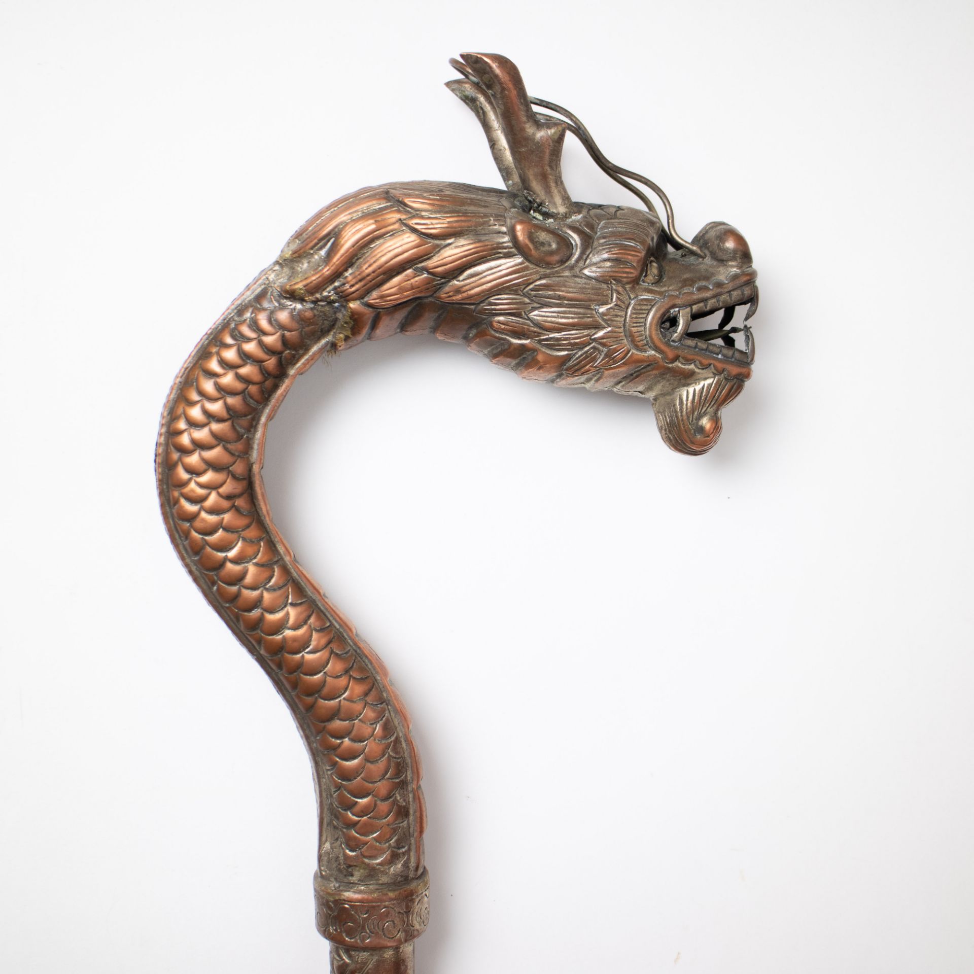 A sculpted tibetan copper procession staff as a dragon - Image 2 of 3