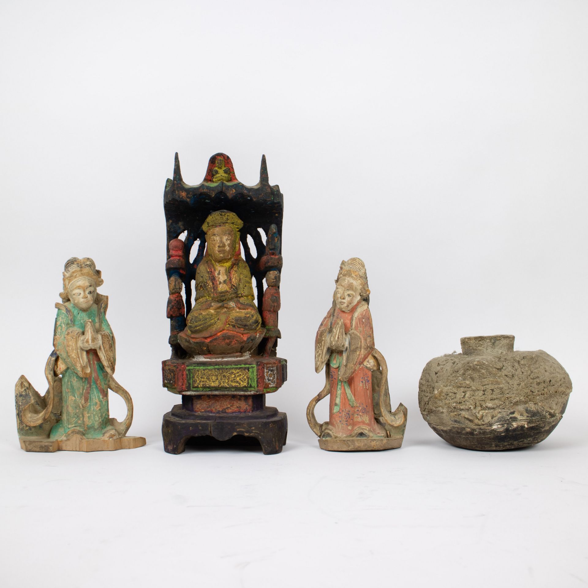3 polychrome wood carving figurines and a stoneware vessel