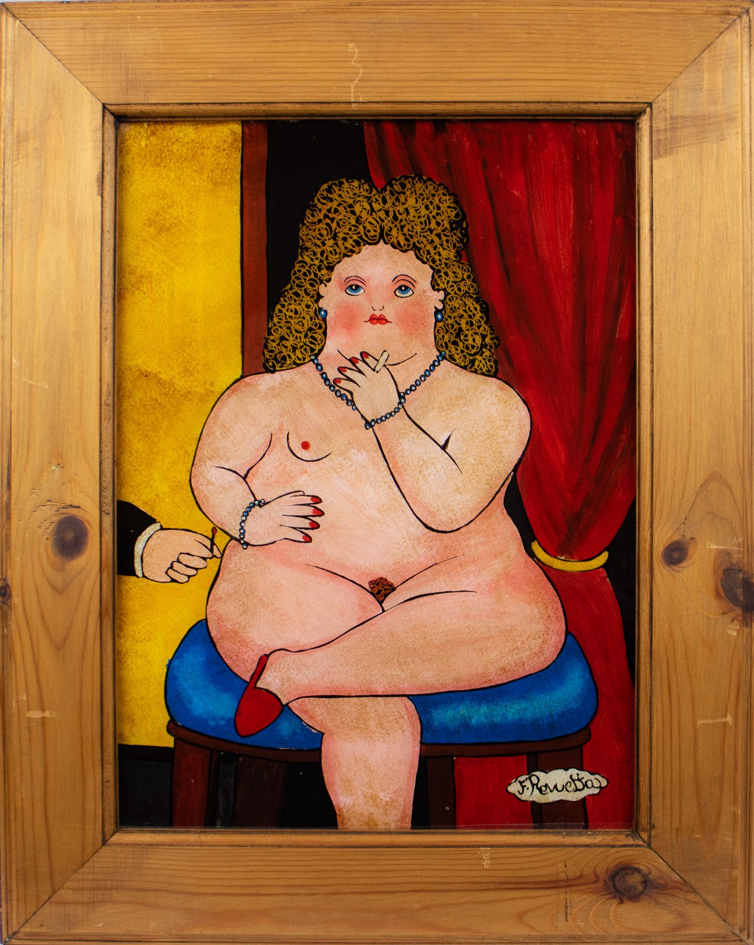 2 eglomisé paintings style Botero, signed F Revueltas - Image 2 of 7