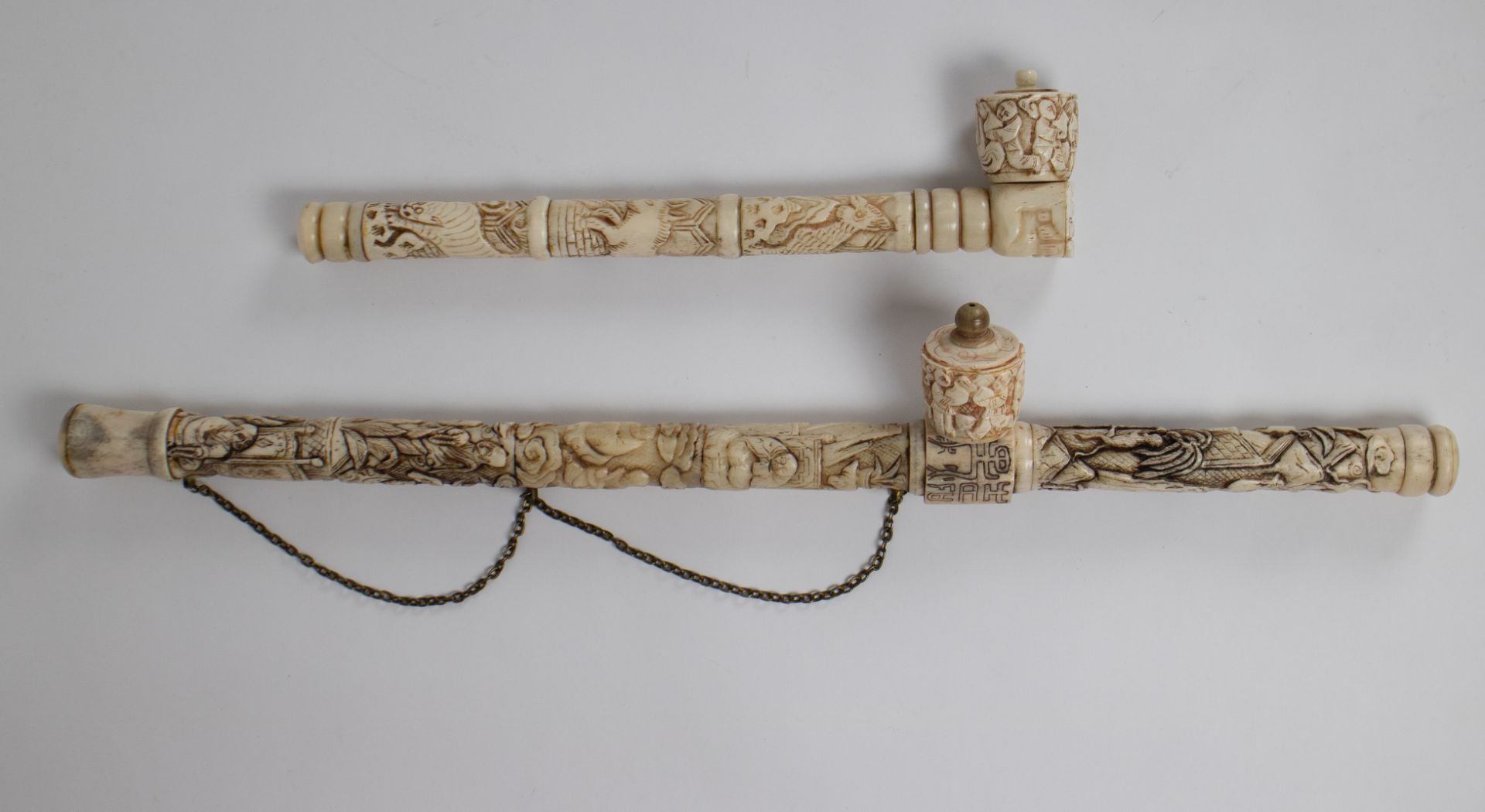 Two Chinese opium pipes carved bone