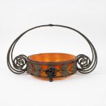 Art Deco glass bowl with wrought iron frame