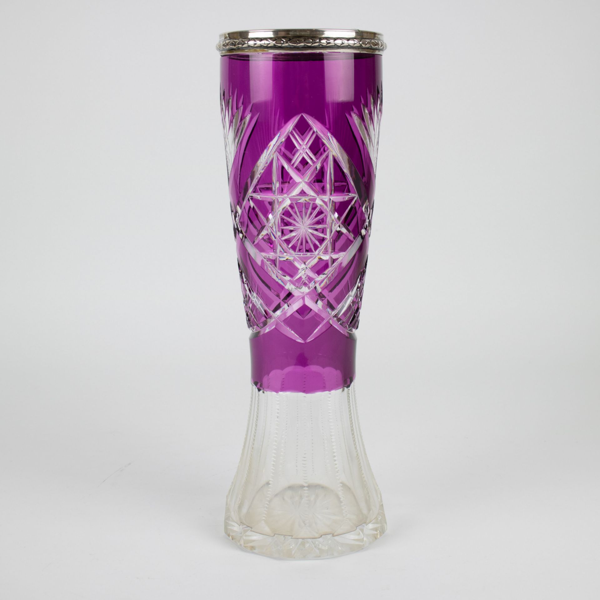 Val Saint Lambert crystal purple vase with silver rim Wolfers marked - Image 4 of 5