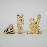 A netsuke and 2 okimono's in ivory ca 1900