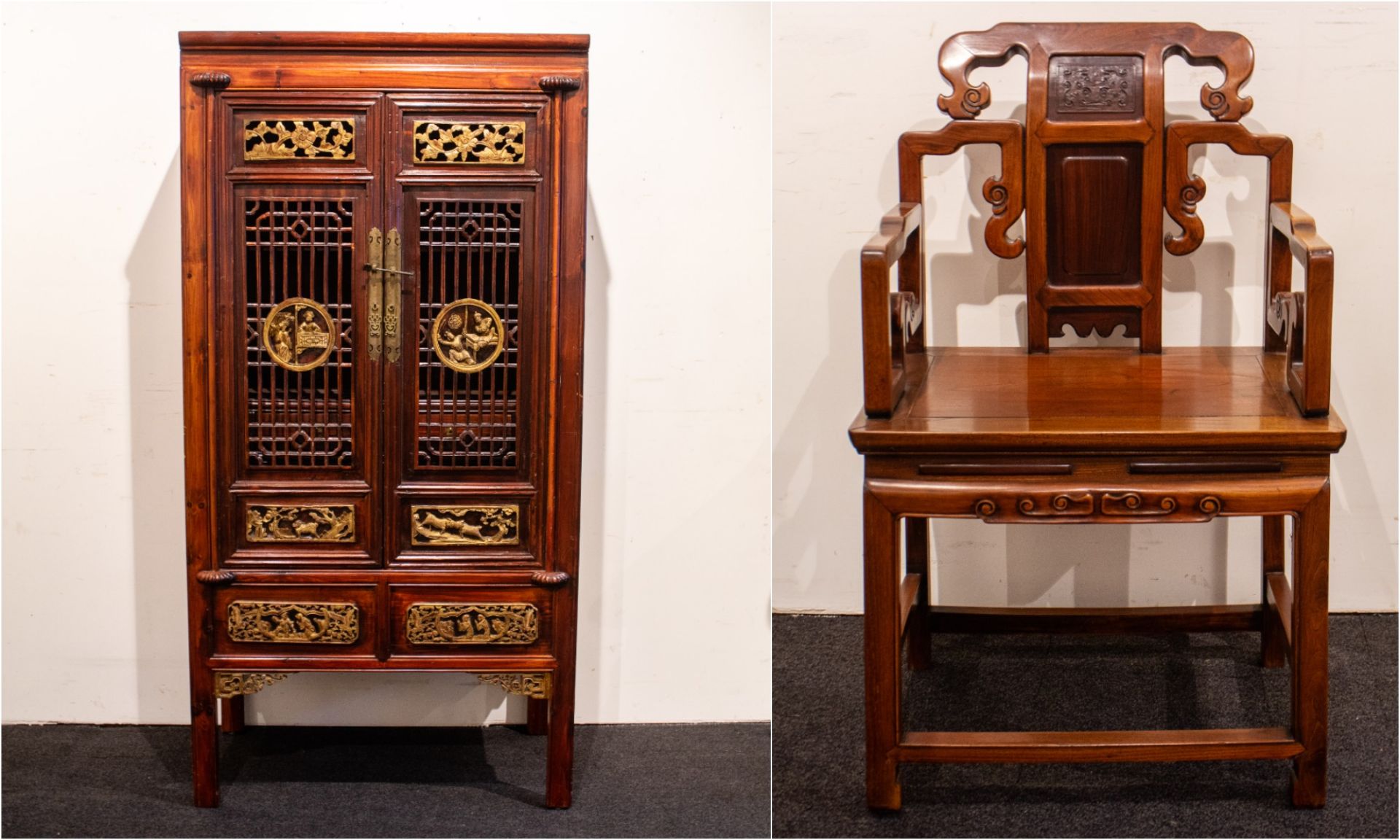 Chinese pantry and armchair in Yumu wood and rosewood , 20th C