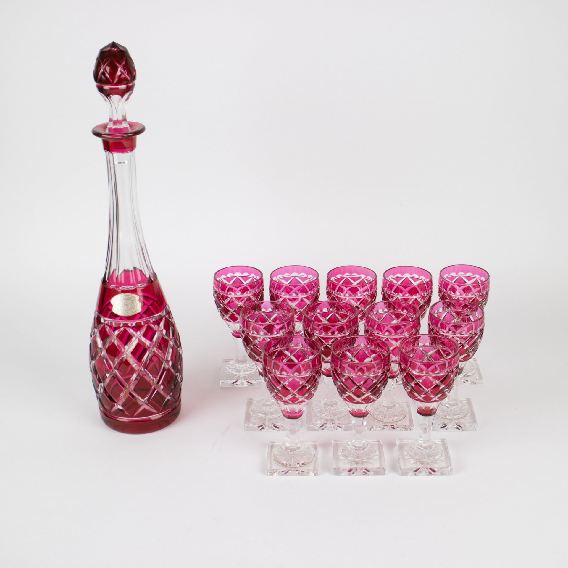 Val Saint Lambert crystal carafe red cut and 12 glasses