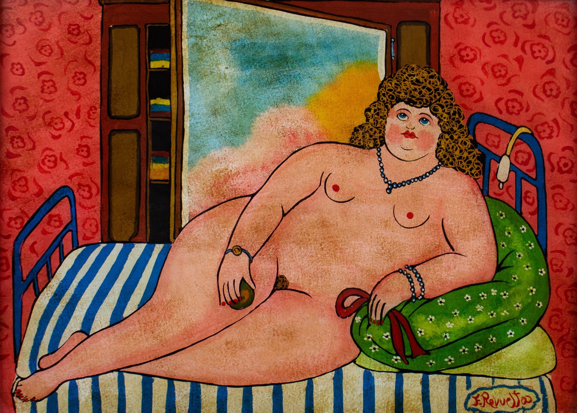 2 eglomisé paintings style Botero, signed F Revueltas - Image 7 of 7